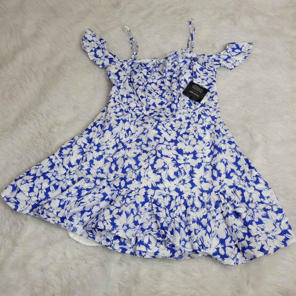 Lulu's Ring in Spring Blue White Floral Print Flutter Sleeve Mini Dress Large - Picture 14 of 14